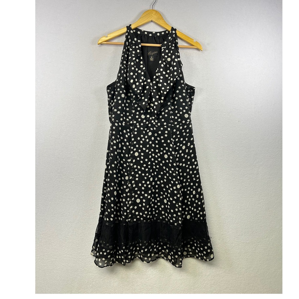 McGinn Black White Polka Dot Halter Midi Dress Lace Trim Size 8